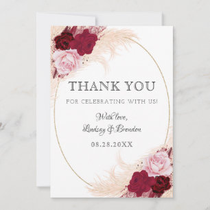 Burgundy Floral Wedding Anniversary Pampas RSVP  Thank You Card