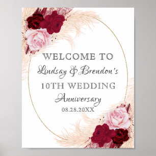 Burgundy Floral Wedding Anniversary Pampas Welcome Poster