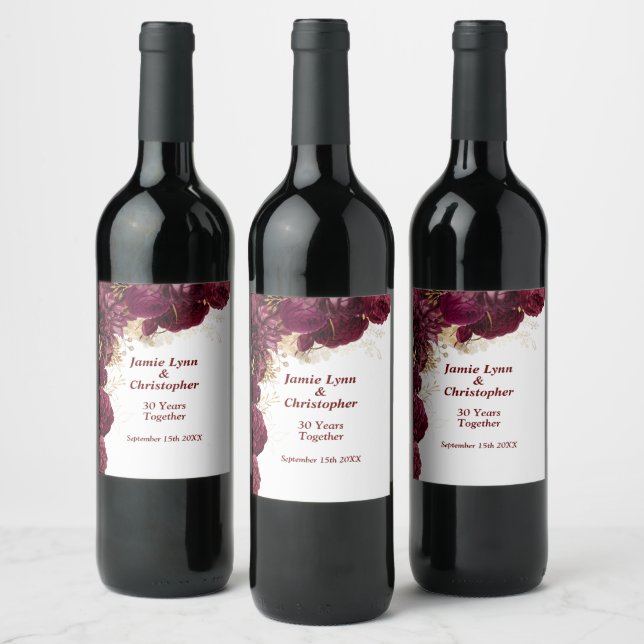 Burgundy Floral Wedding Anniversary Wine Label (Bottles)