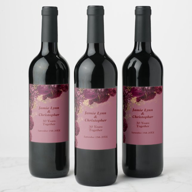 Burgundy Floral Wedding Anniversary Wine Label (Bottles)
