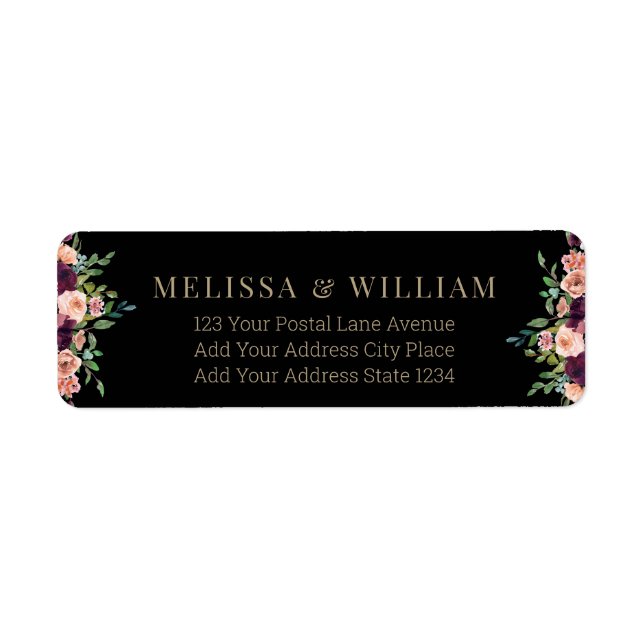 Burgundy Floral Wedding Black Return Address (Front)