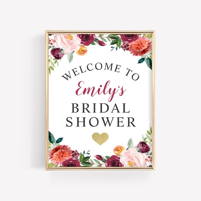 Burgundy Floral Wedding Bridal Shower Welcome Poster (Creator Uploaded)
