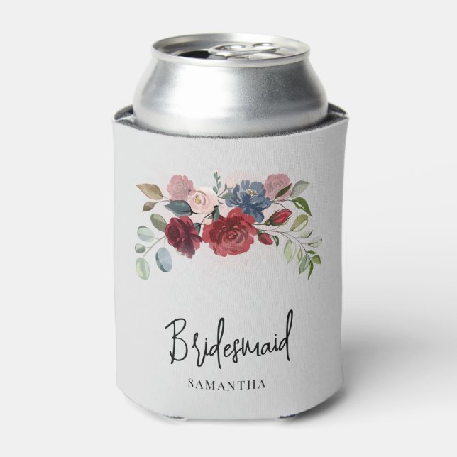 Burgundy Floral Wedding Bridesmaid Personalised Can Cooler (Can Front)