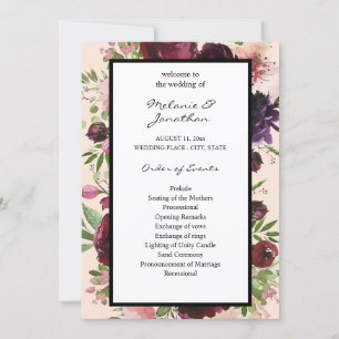 Burgundy Floral Wedding Ceremony Program - Pink Invitation