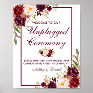 Burgundy Floral Wedding Ceremony Unplugged Poster