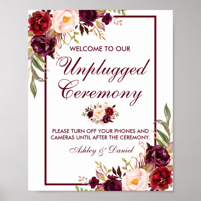 Burgundy Floral Wedding Ceremony Unplugged Poster (Front)