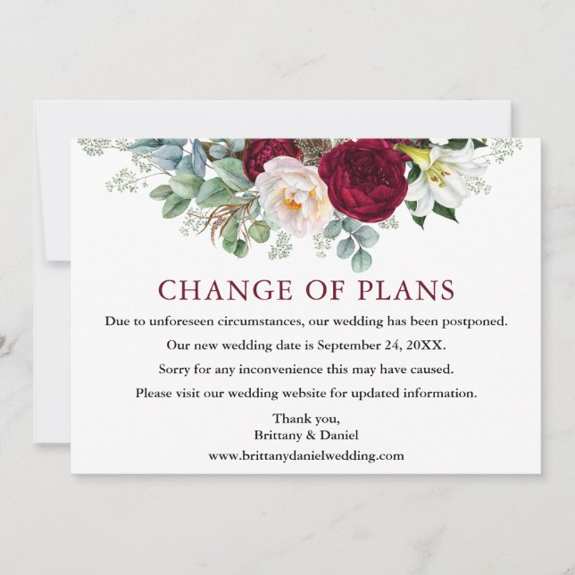 Burgundy Floral Wedding Change of Plans Card (Front)