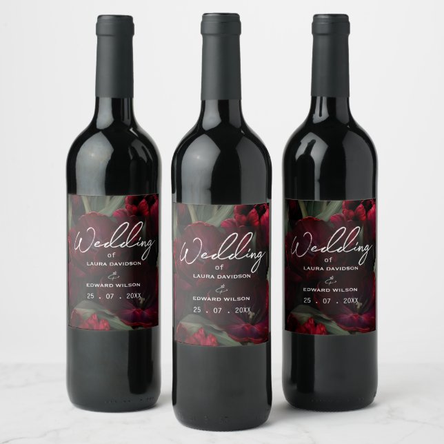burgundy floral wedding design featuring rich wine label (Bottles)