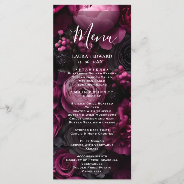 burgundy floral wedding design featuring rich wine menu (Front)