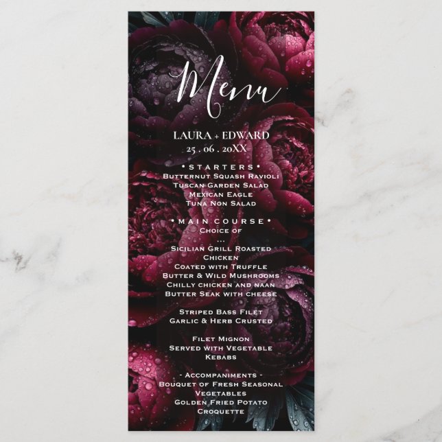 burgundy floral wedding design featuring rich wine menu (Front)