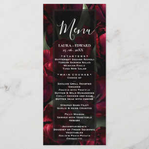 burgundy floral wedding design featuring rich wine menu