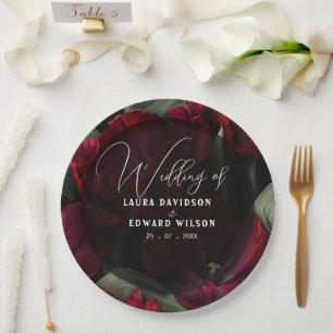 burgundy floral wedding design featuring rich wine paper plate
