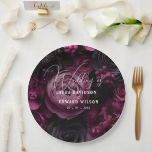 burgundy floral wedding design featuring rich wine paper plate