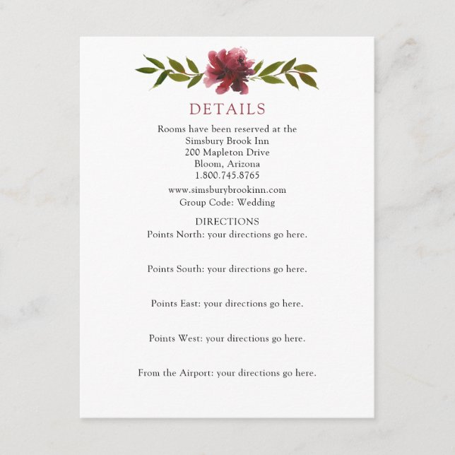 Burgundy Floral Wedding Details and Directions Enclosure Card (Front)