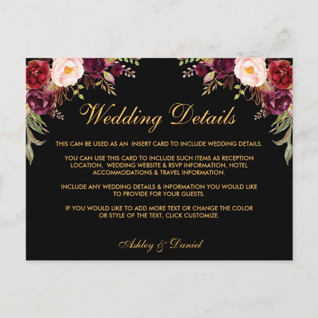 Burgundy Floral Wedding Details Black Insert Card (Front)