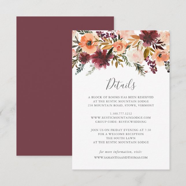 Burgundy Floral Wedding Details Card (Front/Back)