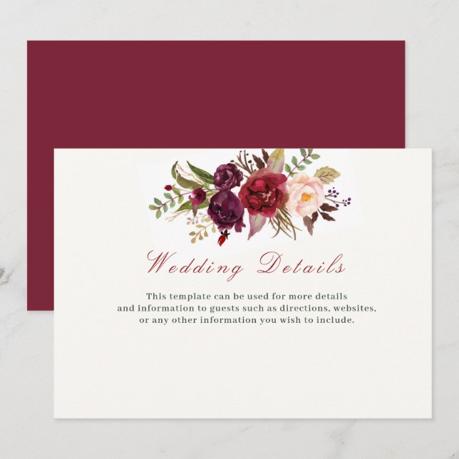 burgundy floral wedding details card (Front/Back)