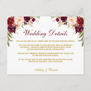Burgundy Floral Wedding Details Insert Card