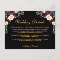 Burgundy Floral Wedding Details Insert Card Black
