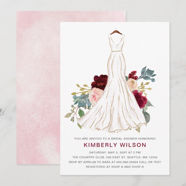 Burgundy Floral Wedding Dress Bridal Shower Invitation (Front/Back)