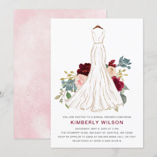 Burgundy Floral Wedding Dress Bridal Shower Invitation