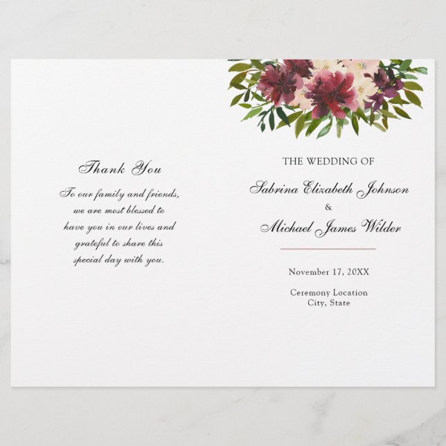Burgundy Floral Wedding Folded Program (Front)