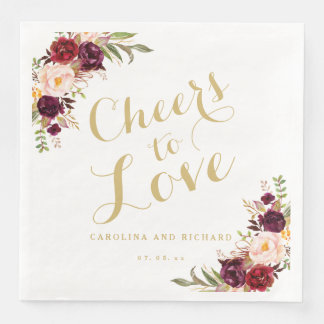 Burgundy Floral Wedding Gold Cheers to Love Napkin