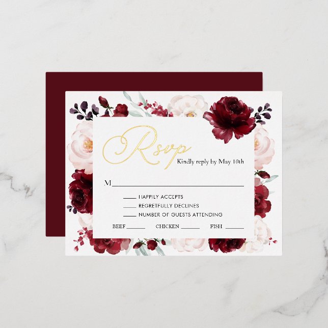 Burgundy Floral Wedding Gold Foil RSVP Card (Front/Back)