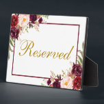 Burgundy Floral Wedding Gold Reserved 5x7 Table Plaque<br><div class="desc">Watercolor Floral Burgundy Marsala Gold Wedding Reserved 5x7 Table Plaque - Burgundy Frame</div>