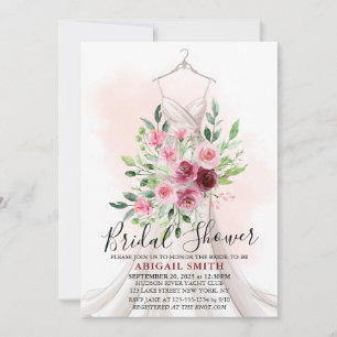 Burgundy Floral Wedding Gown Bridal Shower Invitation