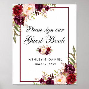 Burgundy Floral Wedding Guest Book Poster B