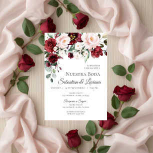 Burgundy floral wedding in Spanish Invitation