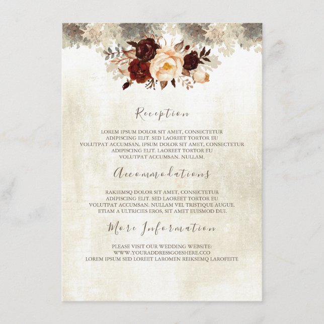 Burgundy Floral Wedding Information Guest Card (Front)