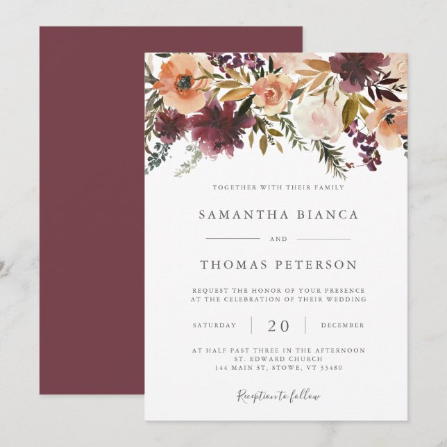 Burgundy Floral Wedding Invitation (Front/Back)