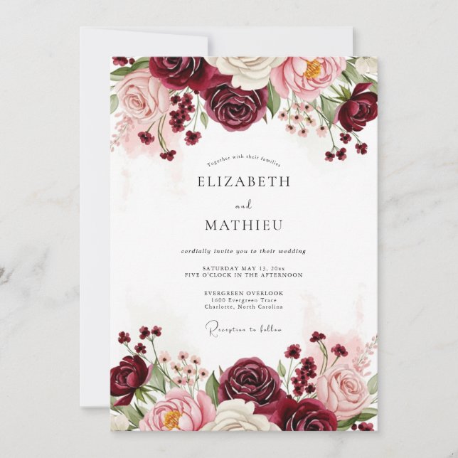 Burgundy Floral Wedding Invitation (Front)