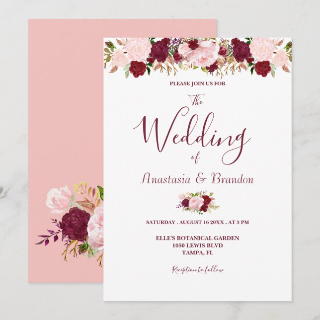 Burgundy Floral Wedding Invitation (Front/Back)