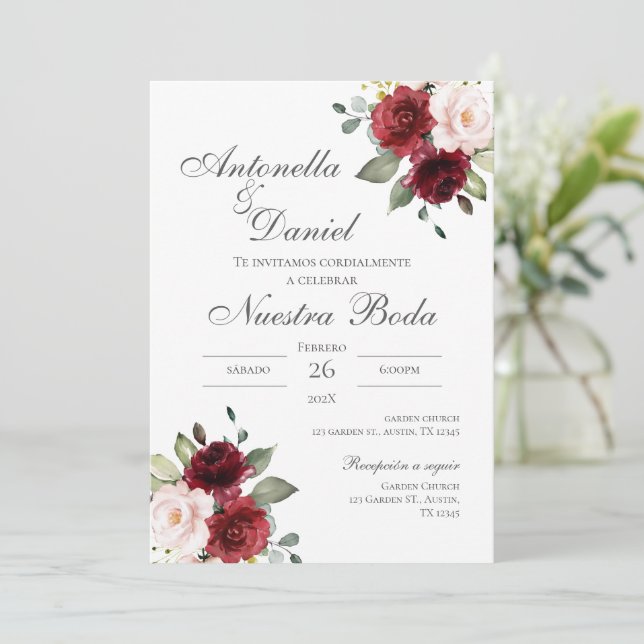 Burgundy Floral Wedding Invitation in Spanish (Standing Front)