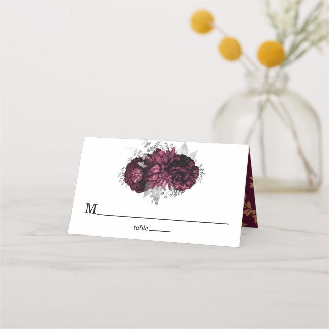 Burgundy Floral Wedding Luxury Place Card (Front)