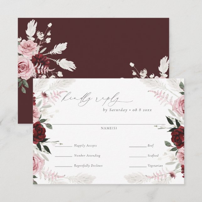 Burgundy Floral Wedding Meal Choice RSVP Card (Front/Back)