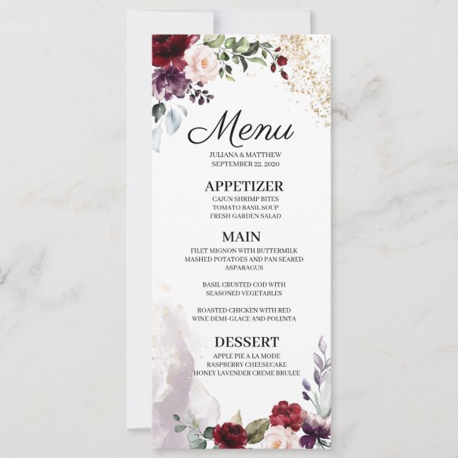 Burgundy Floral Wedding Menu Invitation (Front)