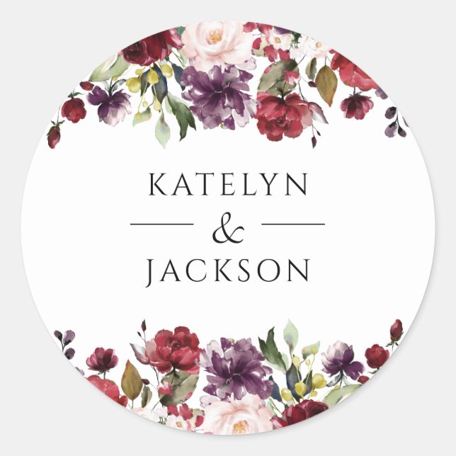 Burgundy Floral Wedding Monogram Sticker Labels (Front)