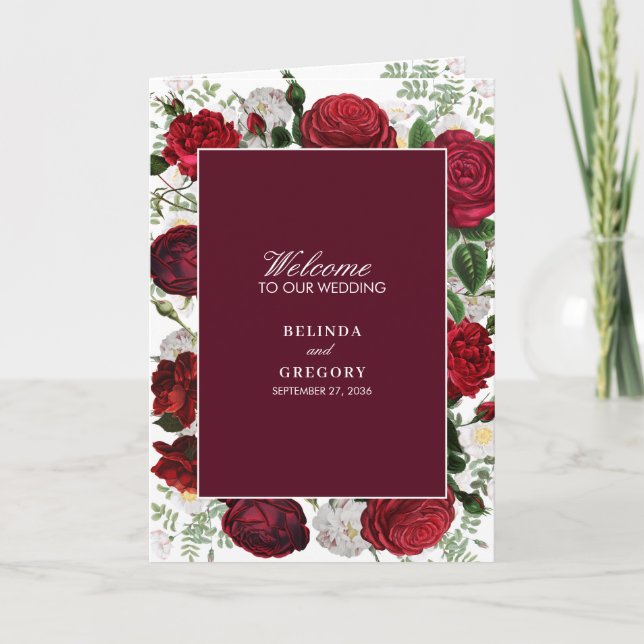 Burgundy Floral Wedding Order of Service Programme (Front)