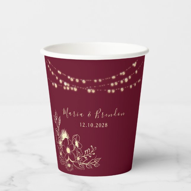 Burgundy Floral Wedding Paper Cups (Front)