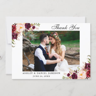 Burgundy Floral Wedding Photo Thank You Card