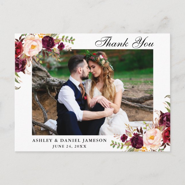 Burgundy Floral Wedding Photo Thank You Postcard (Front)