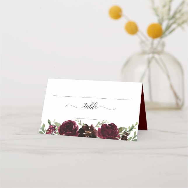Burgundy Floral Wedding Place Card (Front)