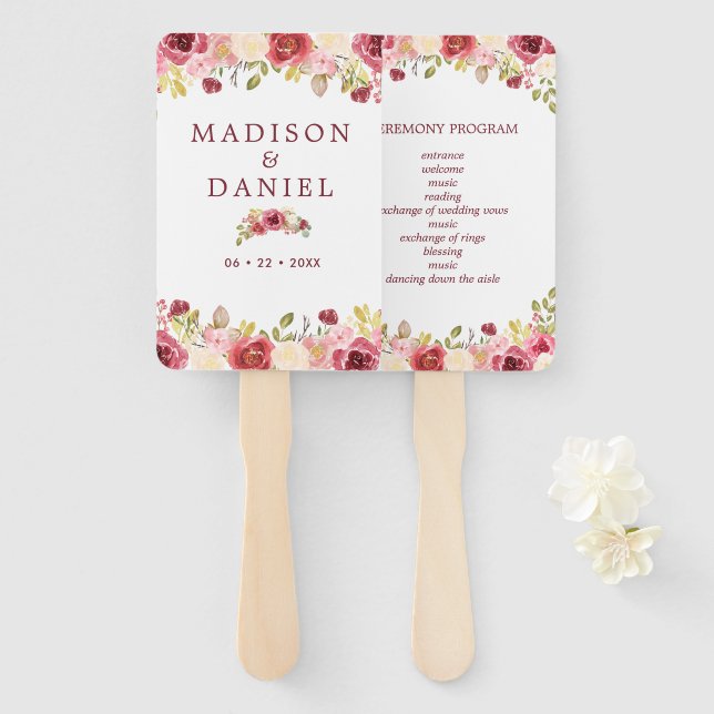 Burgundy Floral Wedding Program Hand Fan (Front and Back)