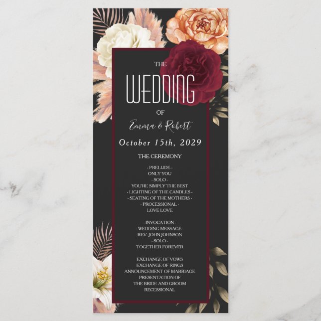 Burgundy Floral Wedding Program Programme (Front)