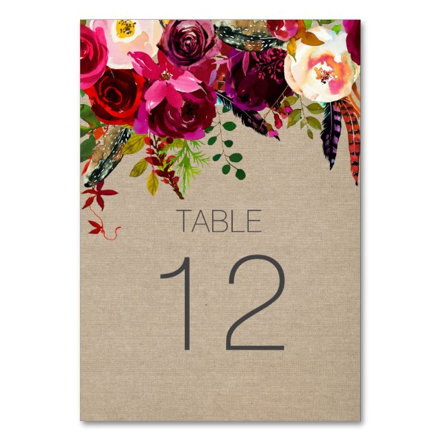 Burgundy Floral Wedding Reception table sign 3979 Table Number (Front)