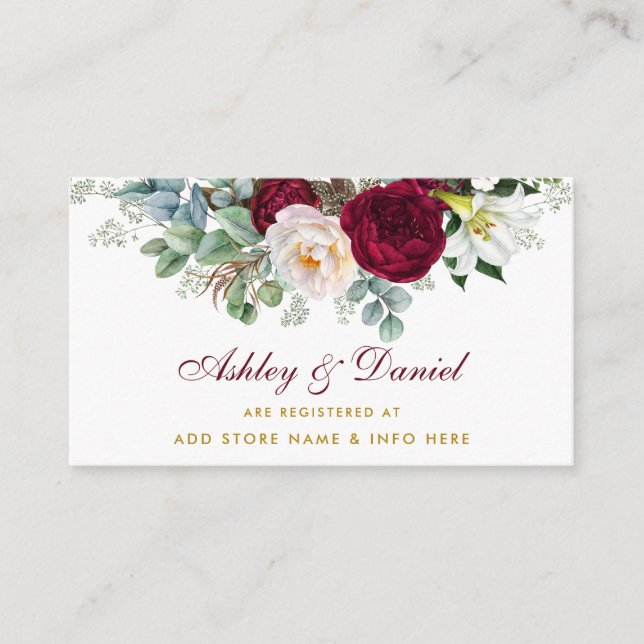 Burgundy Floral Wedding Registry Gold Insert Card (Front)